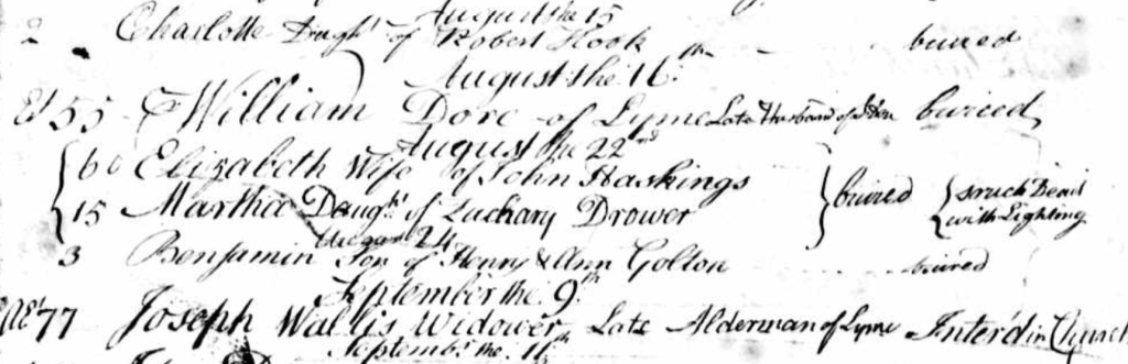 The record of Martha Drower and Elizabeth Haskings burial on 22 August 1800, three days after they were killed by a lightning strike on Timber Hill, Lyme Regis.